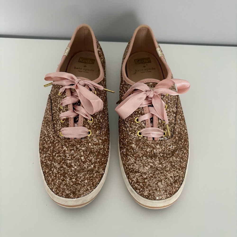 Kate Spade New York x Keds Ribbon Lace Up Rose Gold Glitter Sparkle Sneakers